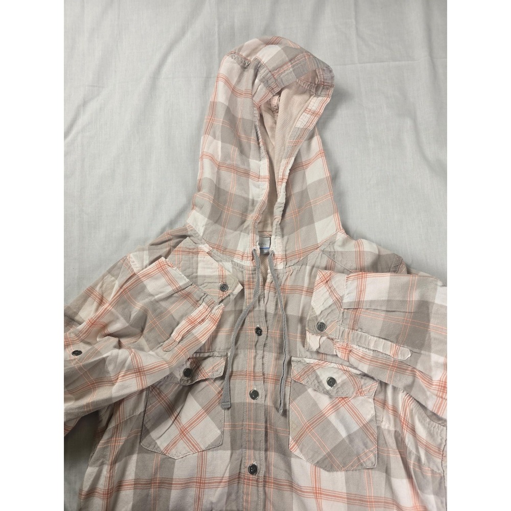Columbia Shirt Womens Medium Plaid Hooded Button Up Roll Tab Long Sleeve